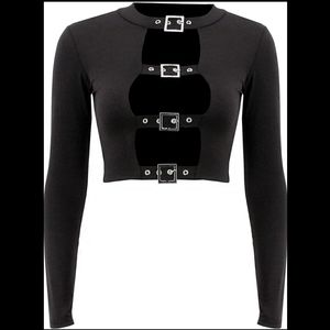 Sexxy Hollow Out Black Long Sleeve Crop Top!